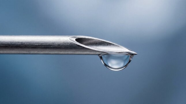 Macro view of a hypodermic needle tip with a clear liquid droplet forming