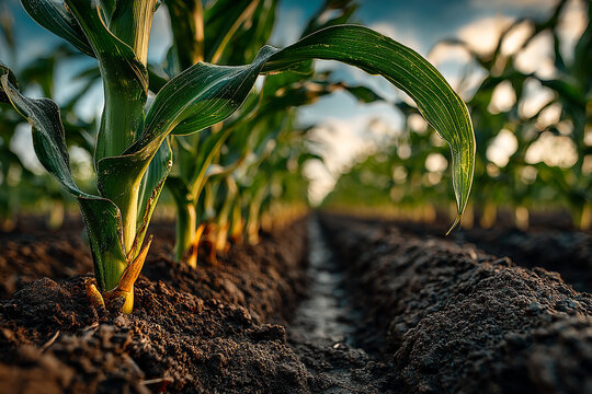 Close-up of vibrant green corn stalks growing in straight rows of dark soil under a soft, hazy summer sky.