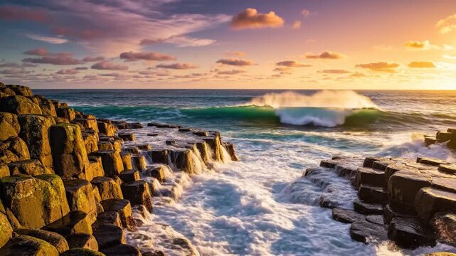 Dramatic ocean waves crash against hexagonal rock formations during a vibrant sunset with colorful clouds in the sky
