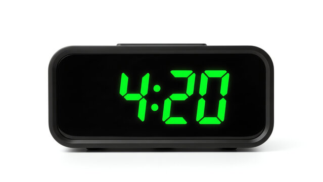Digital Alarm Clock Displaying the Time 4 20 with Green Led Numbers on a White Background
