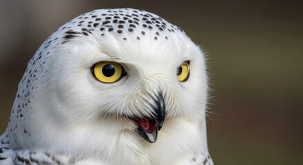 Obraz premium Closeup of a snowy owl with yellow eyes and black spots on white feathers looking directly at the camera