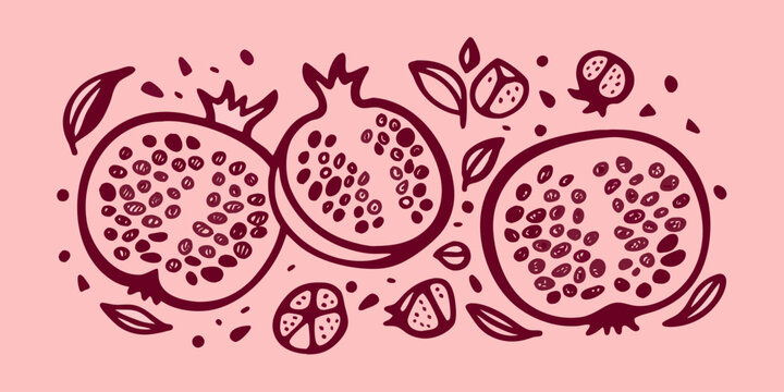 Hand drawn illustration of sliced pomegranates and scattered seeds on pink