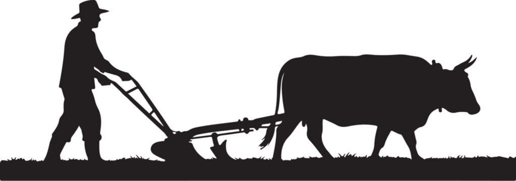 Black silhouette of man plowing field with ox 1