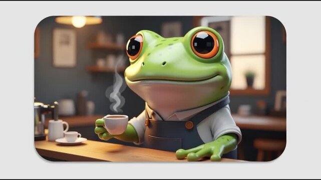 A highly detailed cute frog character acting as a barista in a cozy caf&eacute; setting