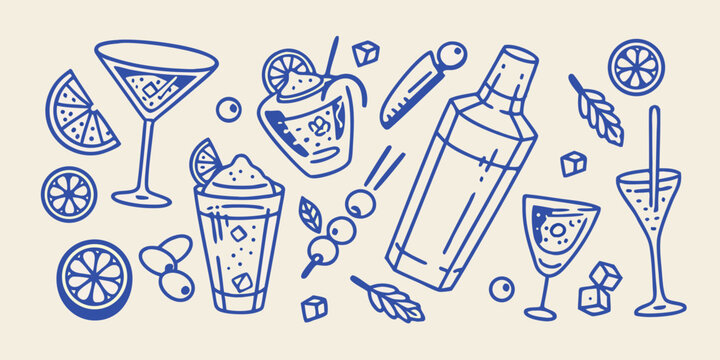 Blue line art illustration of various cocktails olives and citrus fruits