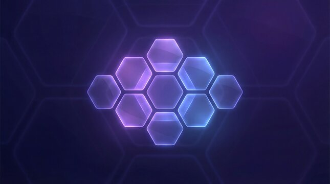 Glowing Neon Hexagonal Grid Pattern on Dark Purple Abstract Technology Background