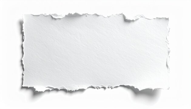 A white torn paper rectangle with ripped edges and a subtle shadow on a white background, perfect for design elements and text placement