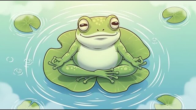 A cute frog sitting in a meditation pose on a lotus leaf