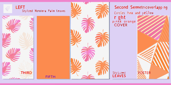 Colorful patterned rectangles with tropical leaves and geometric shapes