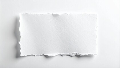 Obraz premium A blank, torn piece of white paper with a rough, frayed edge casting a subtle shadow on a plain white background, ready for creative use