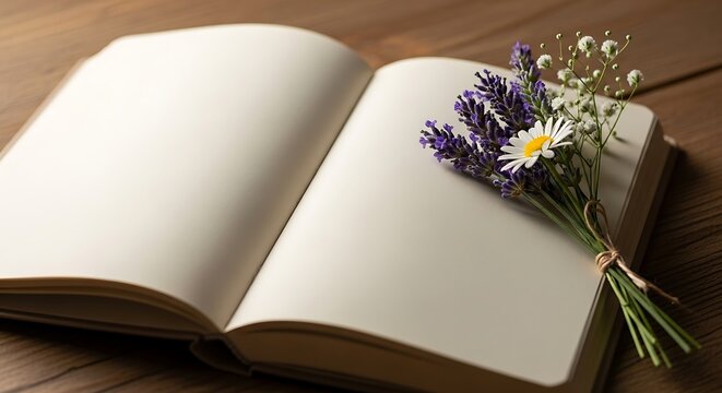 Blank open notebook adorned with lavender and daisy on rustic wooden surface