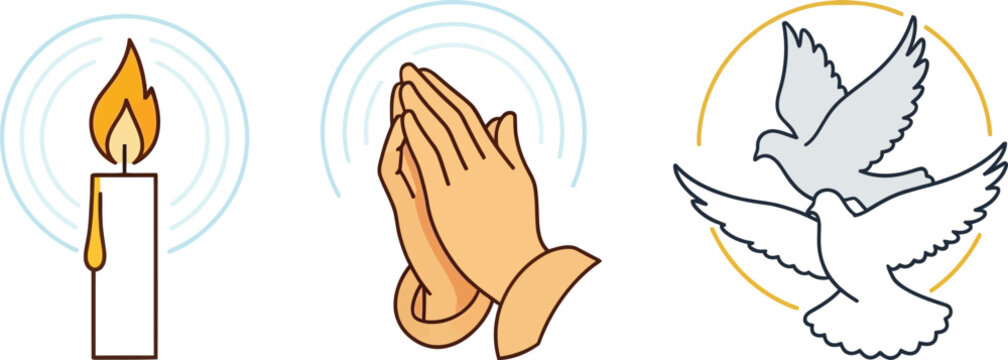 A single lit candle and clasped praying hands accompanied by two flying doves, symbolizing hope, prayer, and peace.