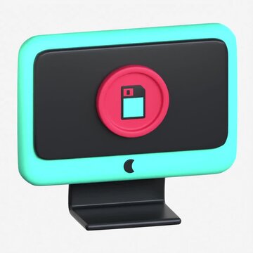 High quality 3D illustration of a computer monitor showing a floppy disk save symbol on a red circular badge with a mint green frame