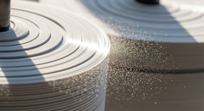 Close-up of industrial paper roll cutting process.