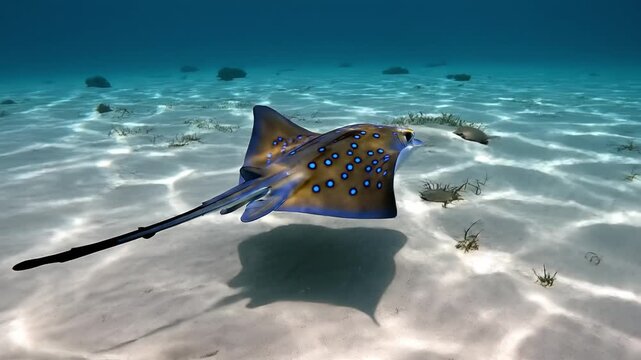 Blue Spotted Stingray Gliding Over Sandy Seabed In Clear Shallow Sea Underwater Marine Life Ocean Fish Aquatic Creature Swimming With Sunlight And Shadow