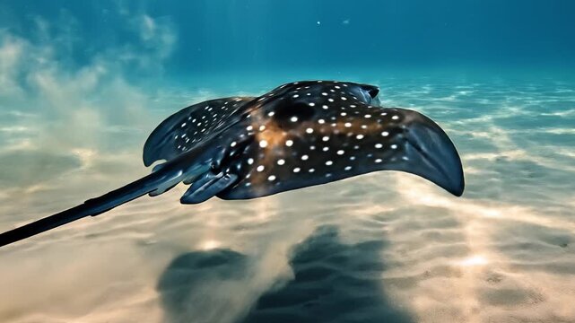 Spotted ray swimming over sandy sea floor in clear tropical water, underwater marine fish motion with sunlight, rippled surface and calm ocean scene