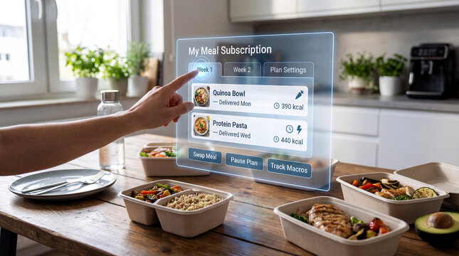 Person interacting with holographic meal subscription plan over healthy prepared food