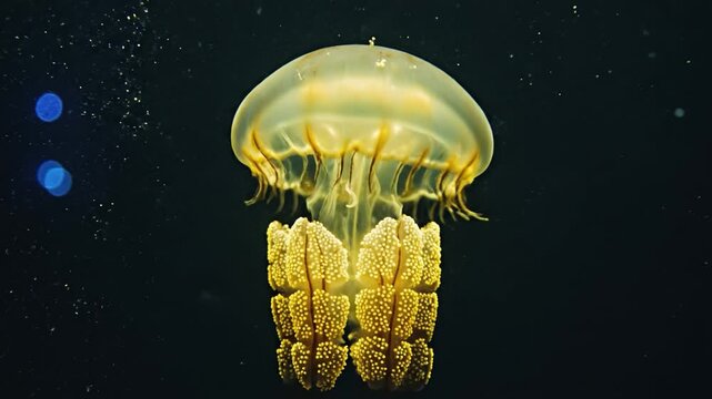 Glowing jellyfish underwater in dark ocean sea with translucent bell and yellow tentacle cluster, marine aquatic floating scene, luminous bell and textured tentacles