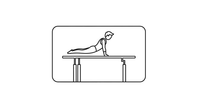Minimalist illustration of an athlete performing a strength exercise on parallel bars promoting