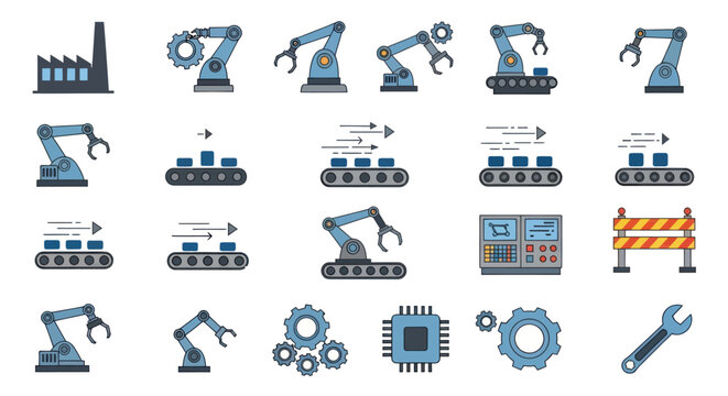 Industrial Automation Icons: Robotic Arms, Conveyors, Factory, Gears, CPU, Wrench