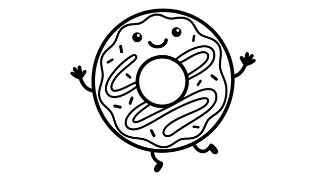 cute smiling donut character line art with sprinkles and happy face on white background, ideal for coloring book pages, children educational activities and bakery branding material