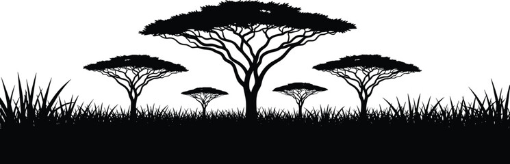 Professional African Savanna Acacia Trees Silhouettes Vector Set Featuring Minimalist Black Safari Landscape Isolated on White Background for Nature Designs © sojibislam