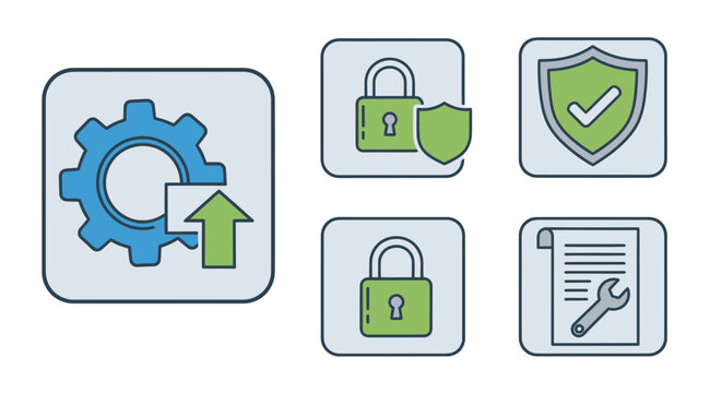 Cyber Security Icons: Gear, Lock, Shield, Checkmark, Document, Wrench
