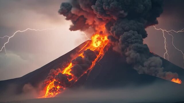 Volcanic eruption with lava and lightning.