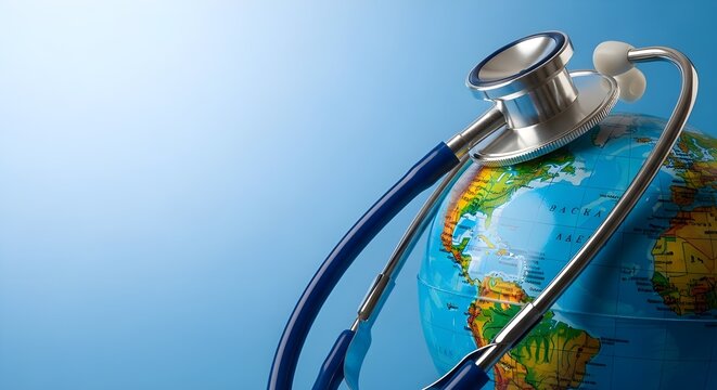 Green Earth day, Save the wold and Global healthcare concept. Stethoscope wrapped around globe on blue background.