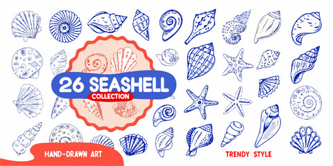 Collection of hand drawn blue line art seashells and starfish © Bebdas