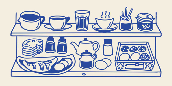 Blue line art illustration of a breakfast buffet display on shelves