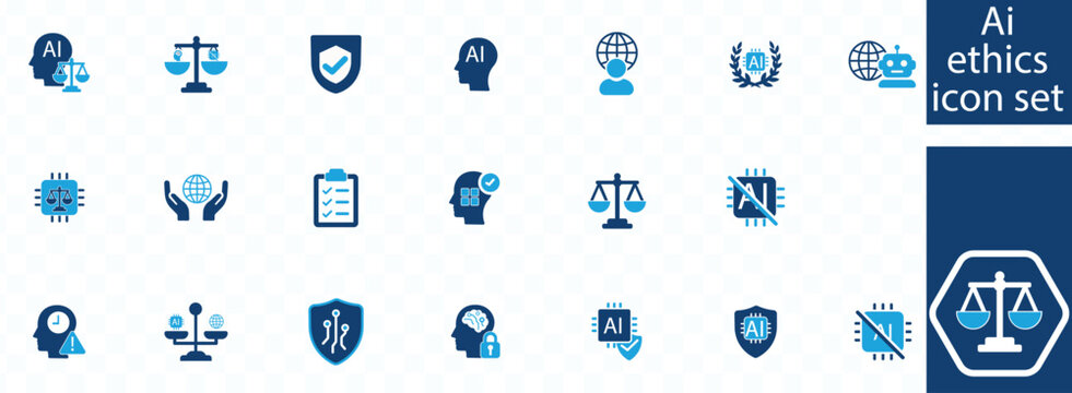 A collection of blue ai ethics icons depicting concepts like justice security and responsible artificial intelligence high quality professional detailed modern elegant stylish