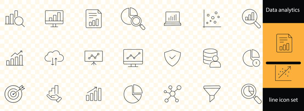 A collection of thin lined icons illustrating various data analytics concepts including charts graphs and data representation high quality professional detailed modern elegant