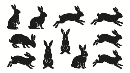 Obraz premium Collection of black rabbit silhouettes in various poses, including sitting, standing, running, and jumping, against a white background.