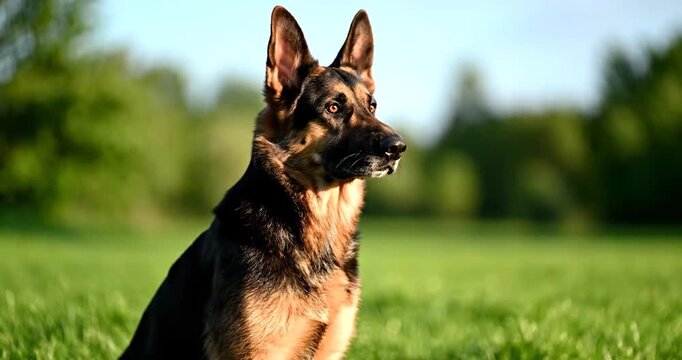 Portrait of a majestic German Shepherd sitting in a park