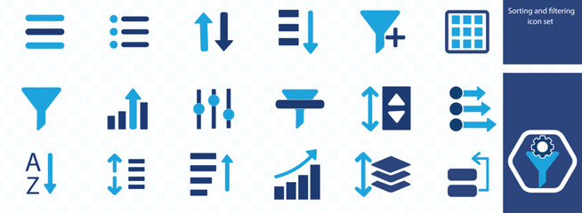 Fototapeta premium A collection of blue icons depicting various data sorting and filtering concepts including arrows funnels and lists high quality professional detailed modern elegant