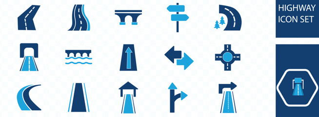 Fototapeta premium A collection of blue highway and road icons depicting various infrastructure elements like curves bridges and signs high quality professional detailed modern elegant