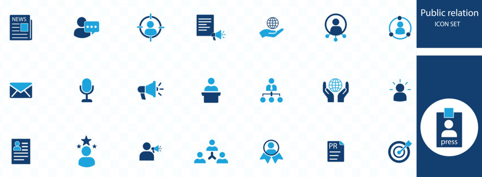 This image displays a collection of blue public relation icons representing communication media and interpersonal interactions high quality professional detailed modern elegant stylish