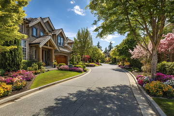 Fototapeta premium Upscale neighborhood street with designer homes, lush green trees, and colorful flower beds lining curved road under bright blue sky, creating peaceful and inviting atmosphere