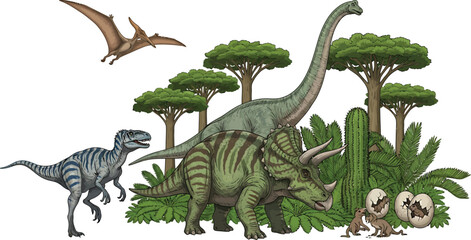 Green Brontosaurus, Blue Zebra Dinosaur, Pterodactyl Flying over Trees in Prehistoric Forest © Elif