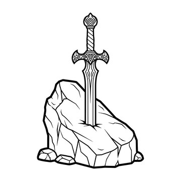 Excalibur Sword in Stone Line Art - Mythical Legend Medieval Fantasy Drawing