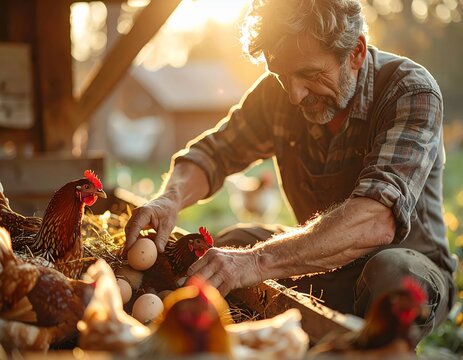 Happy farmer collecting fresh eggs from his free-range chickens.