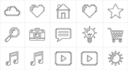 Fototapeta premium Minimalist pixel art icons depicting common digital and everyday objects