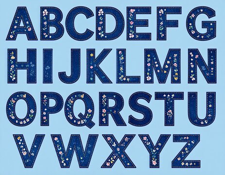 Denim floral alphabet illustration featuring stylized letters on blue background