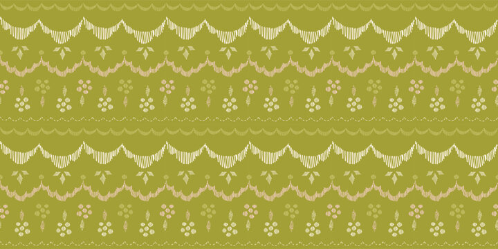 Seamless pattern with freehand ink doodle scallop stripes. Trendy horizontal stripes floral embroidery stitch background.Hand drawn vector illustration. Boho, cottage core, needlework retro wallpaper.