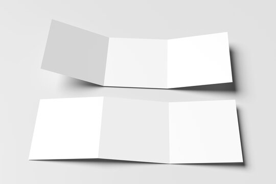 Two blank minimalist trifold square brochure mockup isolated on light grey background