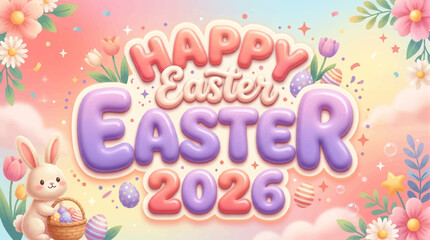 Naklejka premium Joyful Easter Celebration 2026 Greeting Adorable Bunny Decorated Eggs and Blooming Flowers Evoke Spring's Delightful Arrival for Festive Family Gatherings and Seasonal Promotions.