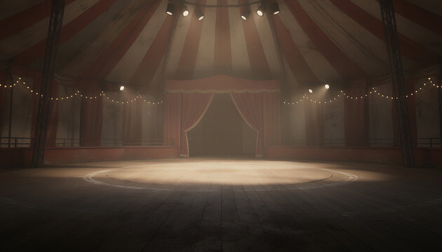 Circus Tent Interior Empty Ring Under Stage Lights in Big Top