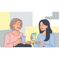 Fototapeta premium Two women having a conversation while holding drinks.