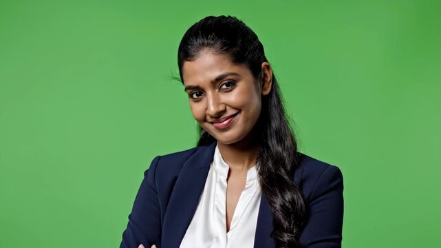 Confident Businesswoman with Arms Crossed Against Green Background